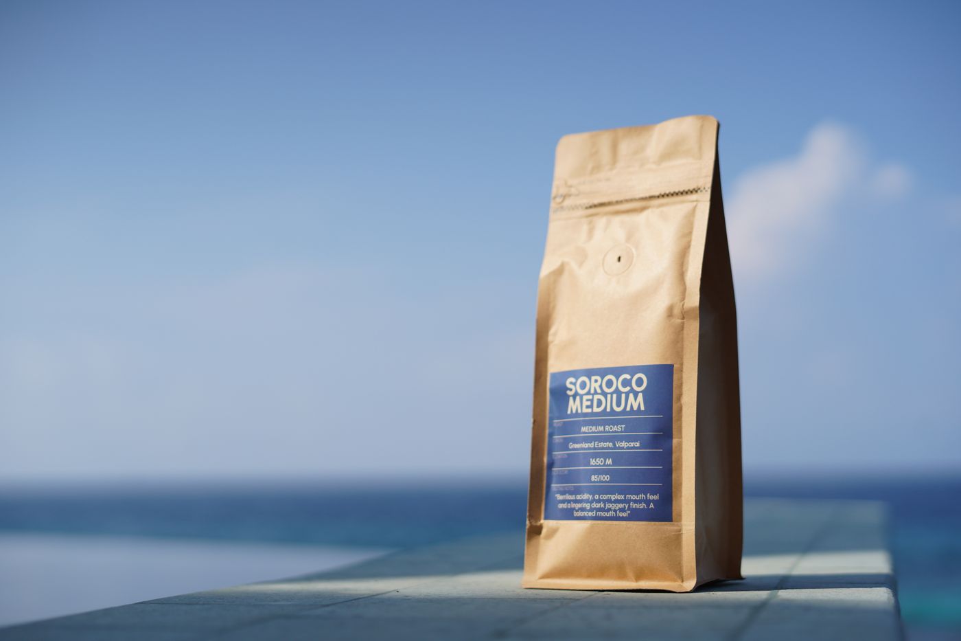 A 250 g bag of Soroco Medium roast beans