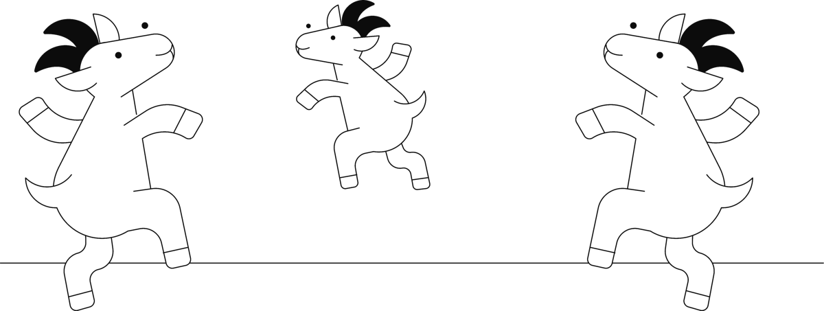 Line drawing of three goats dancing