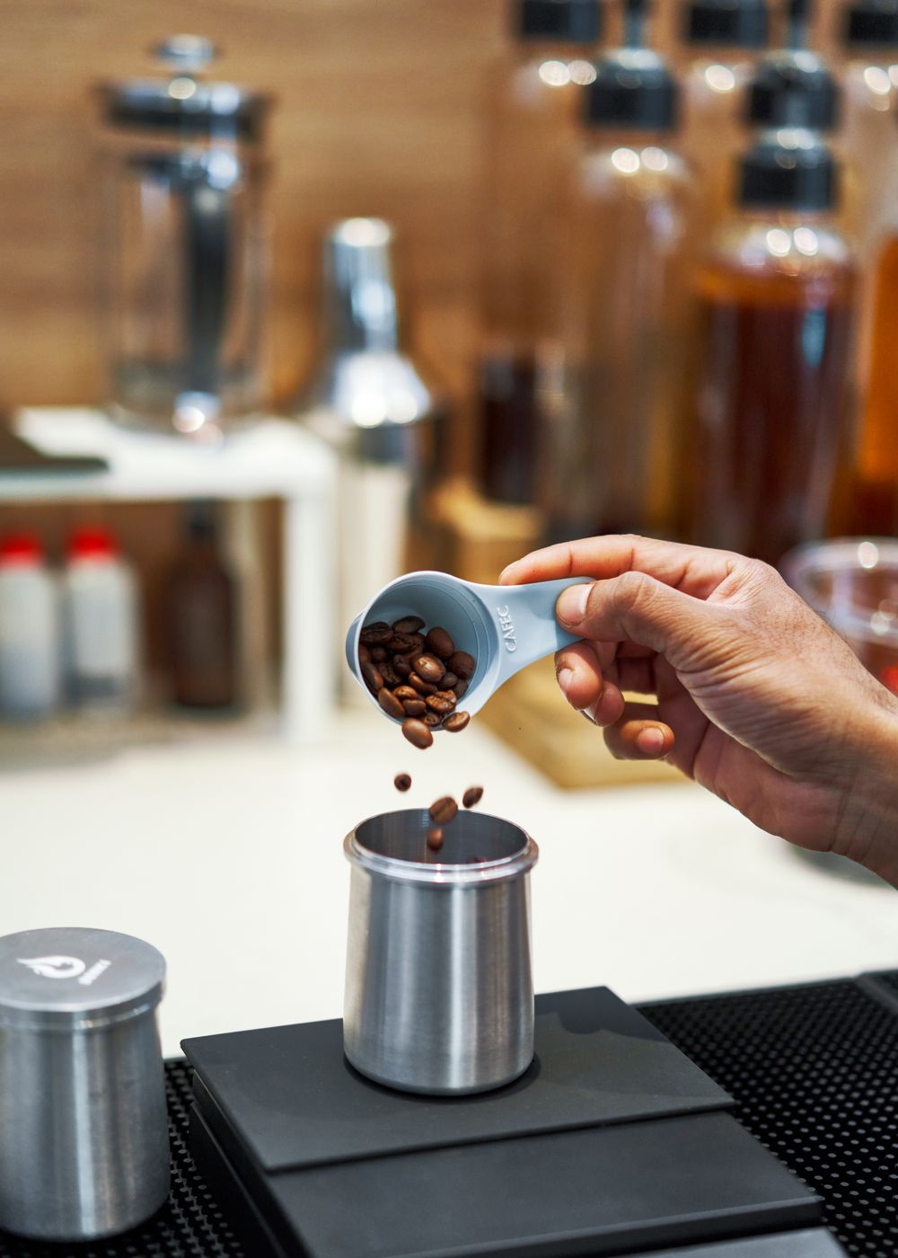 Freshly roasted Soroco beans being weighed